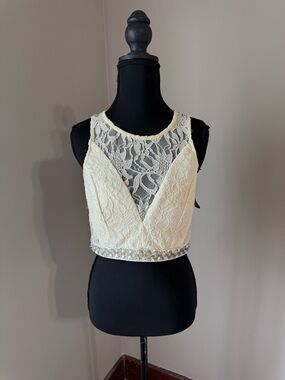 City Triangles Cream Lace Crop Top with Embellished Hem